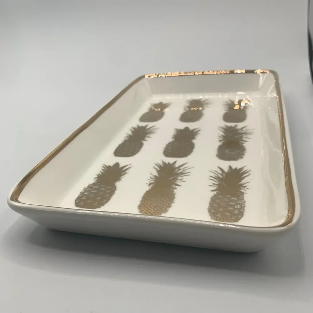 J.Crew Pineapple Ceramic Jewelry Tray Trinket Dish White with Gold Trim Boxed